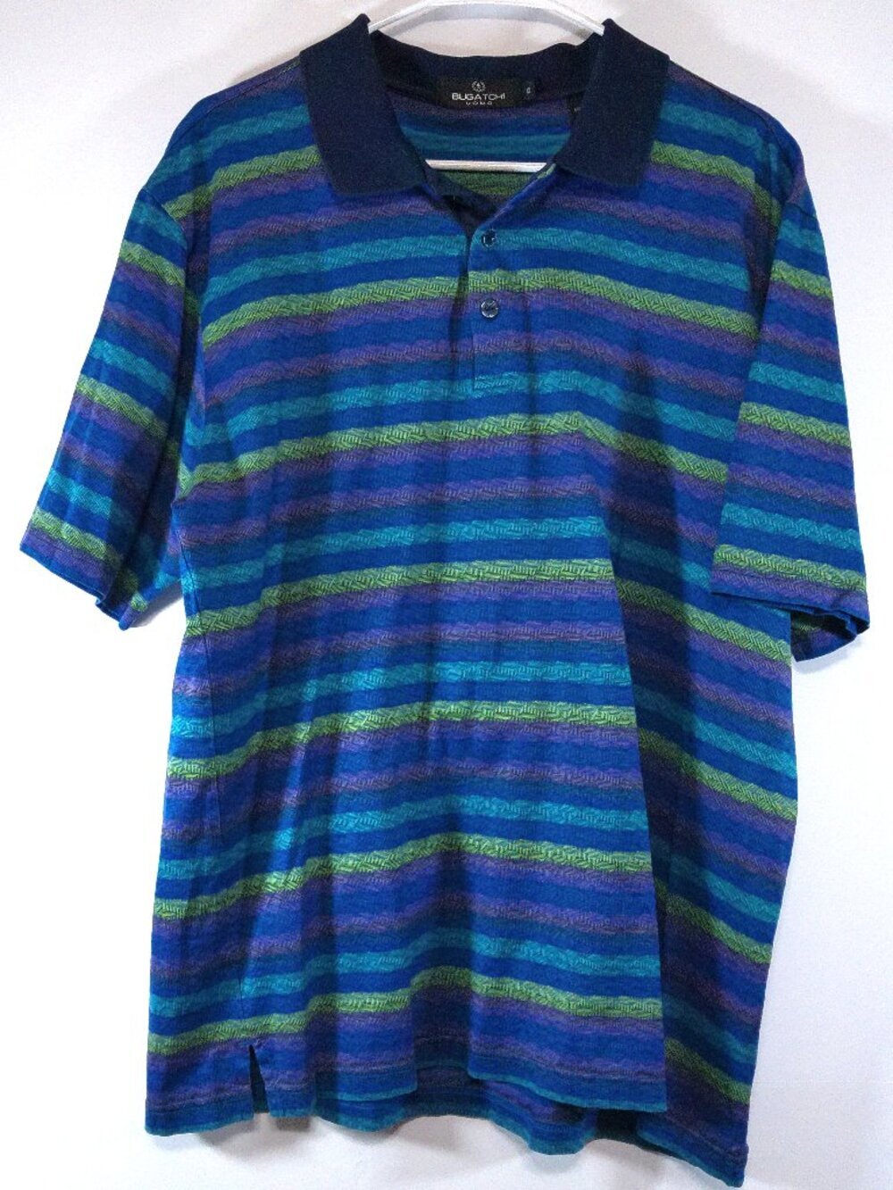 Bugatchi Uomo Men’s XL Striped Polo Shirt Egyptian Cotton Blue Green